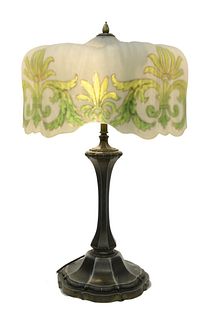 Pairpoint Table Lamp having frost pleated glass shade with green reverse painted scrolling acanthus leaves on metal base, marked Pairpoint Manufacturi
