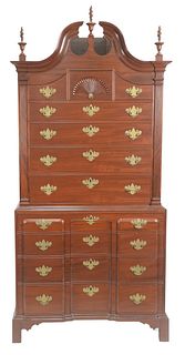 Custom Made Mahogany Chest on Chest, in two parts, upper portion having full bonnet top with fan carved center drawer with two small drawers over four