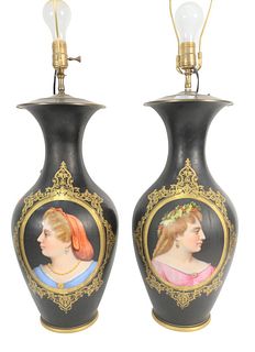 Pair of Paris Porcelain Vases made into table lamps each with oval portraits of women, vase height 19 3/4 inches, total height 34 1/2 inches, one prof