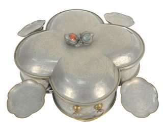 Chinese Pewter Hot Water Serving Center Dish having chased lotus blossoms, scroll work, and decorated with brass trim, four leaf clover form with hard