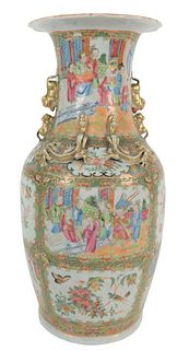 Famille Rose Medallion Baluster/Vase with gilt Qilin dragon and foo dog handles, Daoguang, 19th century, height 17 inches.