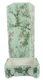 Two Japanese Celadon Glazed Pieces to include a Japanese hexagonal, celadon umbrella stand, height 24 inches; along with matching oblong jardiniere, h