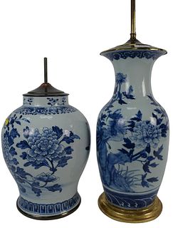 Two Chinese Blue and White Porcelain Baluster Vases one having painted flowers and trees, height 12 1/2 inches; the other having painted peacock, heig