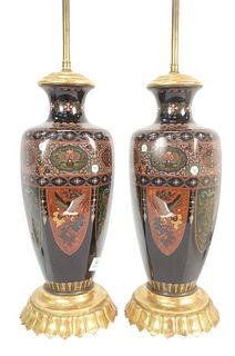 Pair of Large Cloisonne Hexagonal Vases having shield panels with birds and dragons made into table lamps,Taisho Shoa period, height 14 1/2 inches (on