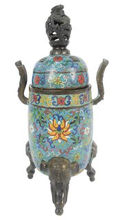 Chinese Cloisonne Tripod Incense Holder having elephant form feet, dragon form handles and finial, along with a removable, pierced cover, marked to th