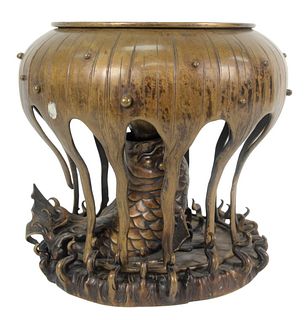 Large Bronze Censer in the form of a koi jumping out of the water under a lotus, height 12 3/4 inches, diameter 14 inches.