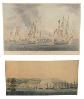 Two-Pieces Group to include "Victory of Trafalgar" engraving on paper by Robert Dodd, along with an unsigned harbor scene, water damaged lithograph, s