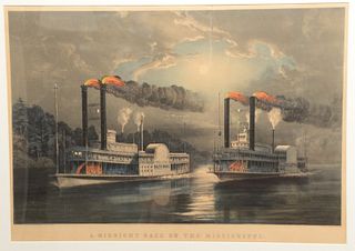 Currier and Ives Hand-Colored Lithograph on Paper, "A Midnight Race on the Mississippi", credit lines in plate along the lower margin, image size: 18 