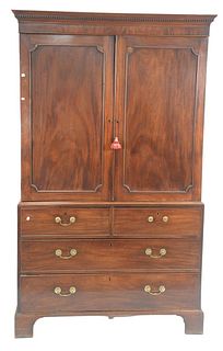 George III Mahogany Linen Press in three parts having pull-out fitted drawers all on bracket feet, circa 1760, height 76 1/4 inches, width 47 1/2 inch