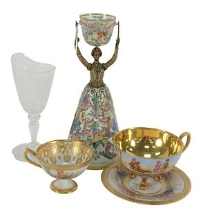 Five Piece Assorted Group Lot to include a Dresden cup and saucer, a Royal Vienna cup, a crystal etched stem, along with a wedding cup enameled with b