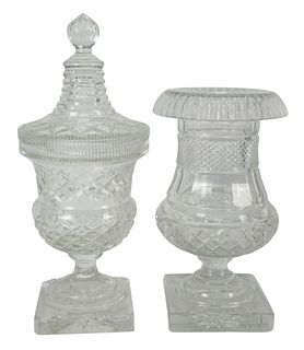 Pair of Crystal Sweetmeat Stands, one having cover height 14 inches, one open height 10 3/4 inches, diamond pattern on square bases,