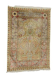 Silk Oriental Prayer Rug with metal threading, 3' 7" x 5'.