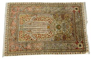 Silk Oriental Prayer Rug with metal threading, 4' x 6'.