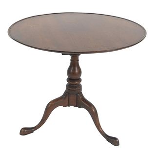 Mahogany Tip and Turn Tea Table, having dished top on birdcage unit on turned shaft ending in tripod base, circa 1750, attributed to the Chapin School