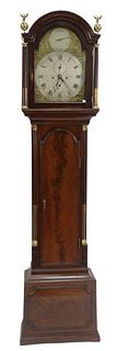 Thomas Jackson Mahogany Tall Case Clock having arched hood with brass eagle and ball finials, brass face marked Tho Jackson, London, brass stop flutin