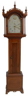 Federal Cherry Tall Case Clock having arched hood and painted dial with ship over inlaid case, height 75 1/2 inches, width 19 inches.