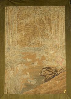 Large silk and gold thread embroidered wall hanging having landscape scene with ducks in a pond and bamboo trees, Meiji Period, having a Brandt Orient