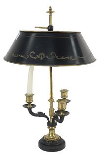 French Bouillotte Table Lamps with gilt brass with three arms and adjustable tole shade along with small brass and black three arm with adjustable tol