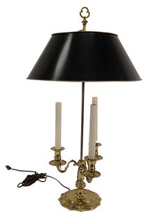 French Bouillotte Table Lamp, to include gilt brass with 3 arms and adjustable tole shade, heights 26 inches.
