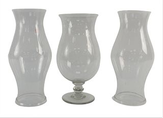Three Piece Lot to include a pair of hurricane shades/chimneys, along with large pedestal vase, height 17 inches. Provenance: From a Newport, Rhode Is