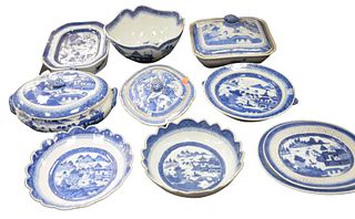 Ten Piece Lot of Canton, to include 3 covered vegetable dishes; 2 warming plates; 3 shaped bowls; 2 reticulated small trays; height of largest 4 1/2 i