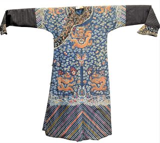 Chinese Embroidered Silk Dragon Robe depicting embroidered five claw dragons on the front and back with swirling flaming clouds, emblems, and bats on 