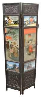 Chinese two panel folding screen, each panel having hardwood frame, two carved panels and three reverse paintings on glass, panels depicting figures a