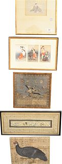 Group of Eight Framed Asian Items to include an embroidered crane badge with silver and gold threads, a silk embroidered sleeve with fish, a Japanese 