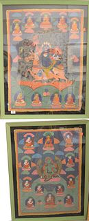 Four Piece Group to include two Chinese Thangkas, oil on cloth; a Chinese embroidered dragon badge, 33" x 25"; along with a silk embroidered floral pi