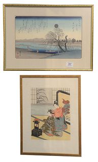 Group of Six Japanese Woodblock Prints to include one Ando Hiroshige, "Fifty-three Stations on the Tokaido," along with a landscape, three interior sc