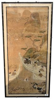 Japanese Framed Scroll Painting, having a mountain landscape, boats, a female swimmer, and a dragon, ink and color on paper, 18th century, image 39" x
