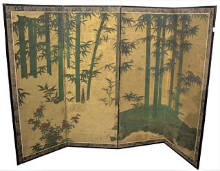 A Four-Fold Gold Leafed and Painted Paper Screen, subject of embossed fencing, made from bound brush, decorated with a Kano school nature scene, Edo p