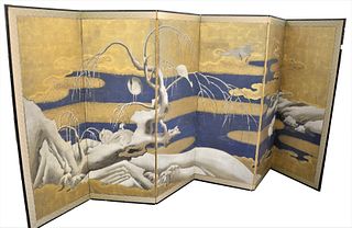Six-Fold Gilt and Polychrome Painted Floor Screen, depicting herons and willows along a snow covered bank, on paper,  probably18th century, height 60 