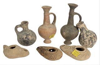 Group of Seven Ancient Clay Items to include three oil lamps by Zantine, two cypriot jars with handles, along with two black jars with handles, larges