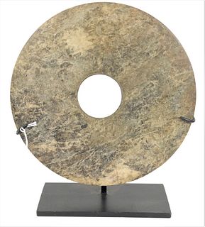 Large Chinese Neolithic Stone Bi Disc, carved gray stone with central hole, 2nd or 3rd millenium B.C. or later, height 9 1/4 inches, diameter 8 1/4 in