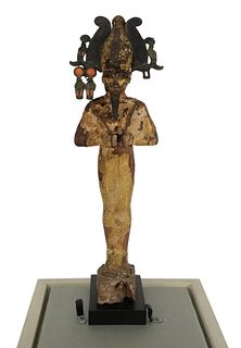 Ancient Carved Egyptian Funerary Statue, standing Pharoah figure, gilt wood with bronze headdress having coral jewels and remnants of gold and polychr