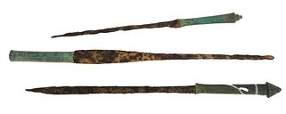 Three Ancient Greek Bronze Daggers, 300 B.C. or after, having bronze handle with rusted metal blade, 14, 16 and 18 inches.