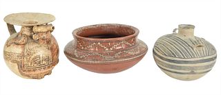 Three Painted Vessels, to include polychrome pottery bowl having geometric design; black and white painted vessel with two handles, height 7 1/2 inche