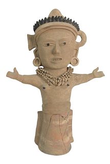 Large Pre Columbian Standing Figure, terracotta clay, in casula posture with cheerful facial expression, ear and neck jewelry, (as is), height 21 1/4 