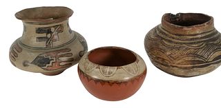 Group of Three Indian Pottery Bowls, to include one small painted bowl, height 4 inches; larger bowl with brown painted design, height 6 1/4 inches; a