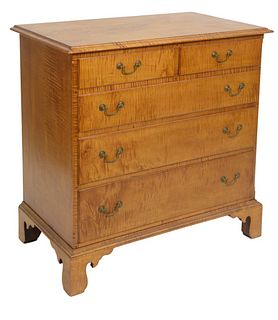 Custom Made Tiger Maple Chippendale Style Chest, having two drawers over three drawers set on bracket feet, attributed to Irion Company, height 36 inc