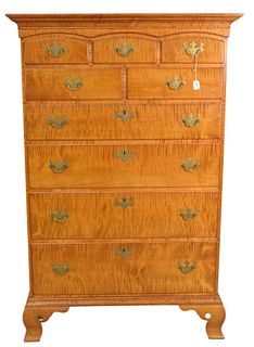 Irion Company Custom Made Chippendale Style Tiger Maple Tall Chest, having three drawers over two drawers over four drawers set on ogee feet, signed I