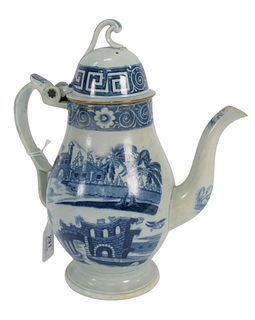 English Blue and White Covered Teapot, with unusual hinged lid, professionally repaired, 19th Century, height 10 1/2 inches. Provenance: From a Newpor