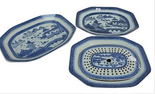 Three Canton Large Platters, one with ill fitting strainer/liner, largest 16" x 20". Provenance: From a Newport, Rhode Island historic home, in the sa