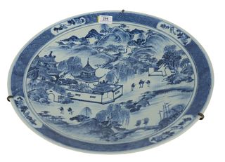 Chinese Blue and White Charger depicting outdoor exterior scene of figures and pavillions, 19th century, diameters 19 inches.