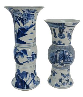 Two Chinese Blue and White Vases in beaker form, one decorated with warriors on horseback, the other with figure's throughout, both marked with 6 char