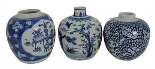 Three Chinese Blue and White Porcelain Pieces to include a globular vase with landscape scene, an apple blossom vase, and a antiques jar, tallest 7 in