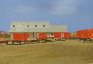 Carroll Cloar (American, 1913-1993) "Trailers at the Gin", acrylic on Masonite, signed lower left "Carroll Cloar," titled and dated "March 1972" on th