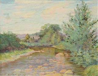 Edward Reynolds Kingsbury (American, 1855 - 1940), stream in the woods, oil on canvas, signed lower right "Edw R. Kingsbury," 16" x 20".
