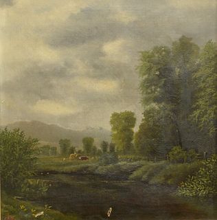 American School (19th Century), pastoral landscape with farmers harvesting hay, oil on canvas, signed and dated lower left "JBH 1876," housed in a fra